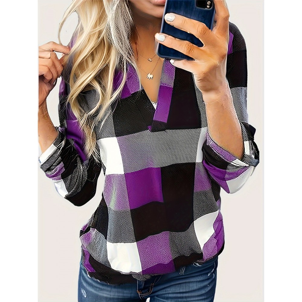 Plaid Print Notched Neck Blouse, Casual Long Sleeve Top For Spring & Fall, Women's Clothing