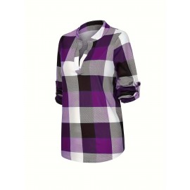 Plaid Print Notched Neck Blouse, Casual Long Sleeve Top For Spring & Fall, Women's Clothing