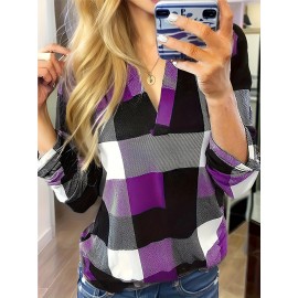 Plaid Print Notched Neck Blouse, Casual Long Sleeve Top For Spring & Fall, Women's Clothing