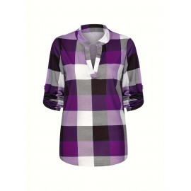 Plaid Print Notched Neck Blouse, Casual Long Sleeve Top For Spring & Fall, Women's Clothing