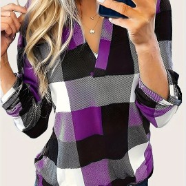 Plaid Print Notched Neck Blouse, Casual Long Sleeve Top For Spring & Fall, Women's Clothing