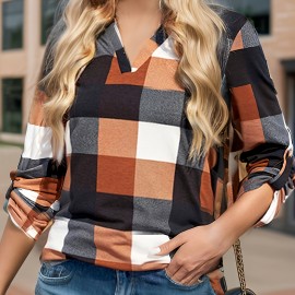 Plaid Print Notched Neck Blouse, Casual Long Sleeve Top For Spring & Fall, Women's Clothing