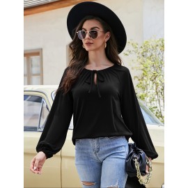 Solid Color Tie Front Blouse, Elegant Lantern Sleeve Loose Blouse For Spring & Fall, Women's Clothing