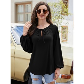 Solid Color Tie Front Blouse, Elegant Lantern Sleeve Loose Blouse For Spring & Fall, Women's Clothing