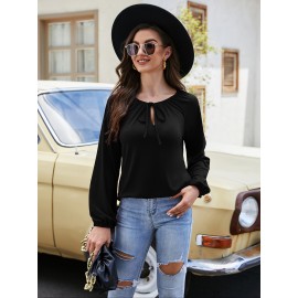 Solid Color Tie Front Blouse, Elegant Lantern Sleeve Loose Blouse For Spring & Fall, Women's Clothing