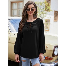 Solid Color Tie Front Blouse, Elegant Lantern Sleeve Loose Blouse For Spring & Fall, Women's Clothing