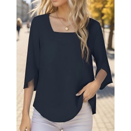 Solid Color Square Neck Blouse, Versatile Half Sleeve Loose Blouse For Spring & Fall, Women's Clothing