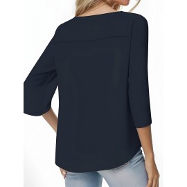 Solid Color Square Neck Blouse, Versatile Half Sleeve Loose Blouse For Spring & Fall, Women's Clothing