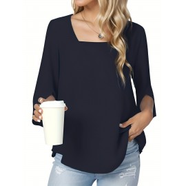 Solid Color Square Neck Blouse, Versatile Half Sleeve Loose Blouse For Spring & Fall, Women's Clothing