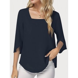 Solid Color Square Neck Blouse, Versatile Half Sleeve Loose Blouse For Spring & Fall, Women's Clothing