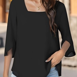 Solid Color Square Neck Blouse, Versatile Half Sleeve Loose Blouse For Spring & Fall, Women's Clothing