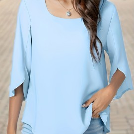 Solid Color Square Neck Blouse, Versatile Half Sleeve Loose Blouse For Spring & Fall, Women's Clothing