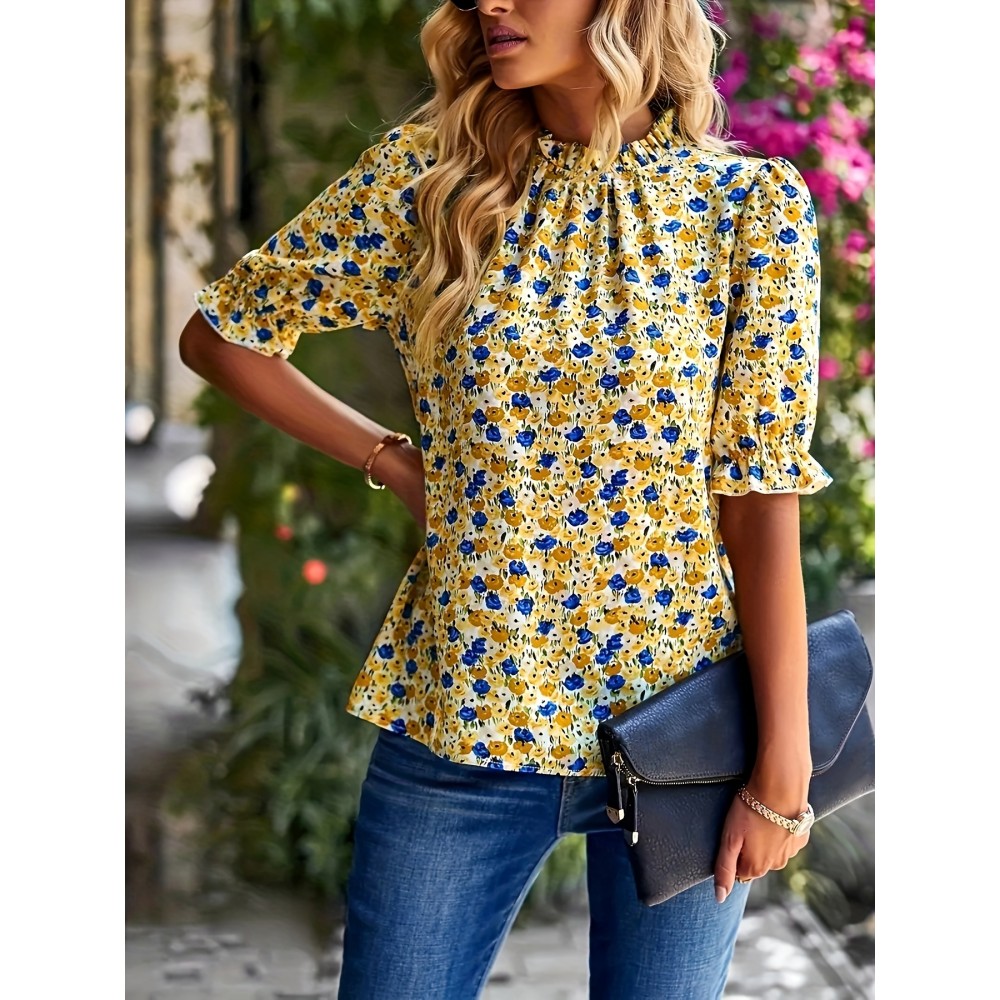 Floral Print Mock Neck Blouse, Elegant Puff Sleeve Ruched Blouse, Women's Clothing