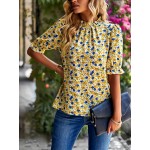 Floral Print Mock Neck Blouse, Elegant Puff Sleeve Ruched Blouse, Women's Clothing