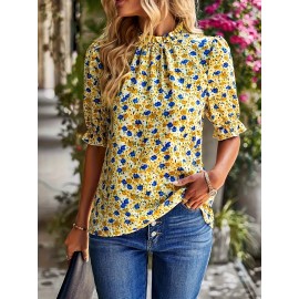 Floral Print Mock Neck Blouse, Elegant Puff Sleeve Ruched Blouse, Women's Clothing