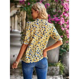 Floral Print Mock Neck Blouse, Elegant Puff Sleeve Ruched Blouse, Women's Clothing