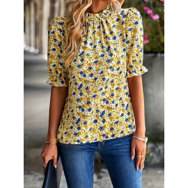 Floral Print Mock Neck Blouse, Elegant Puff Sleeve Ruched Blouse, Women's Clothing