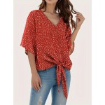 Floral Print Lace Up Blouse, Casual Short Sleeve V-neck Blouse, Women's Clothing