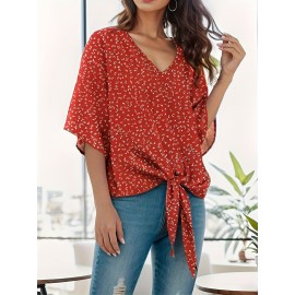 Floral Print Lace Up Blouse, Casual Short Sleeve V-neck Blouse, Women's Clothing