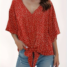 Floral Print Lace Up Blouse, Casual Short Sleeve V-neck Blouse, Women's Clothing