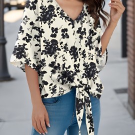 Floral Print Lace Up Blouse, Casual Short Sleeve V-neck Blouse, Women's Clothing