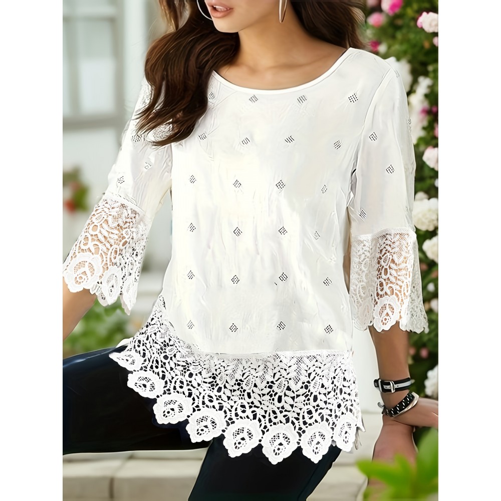 Solid Contrast Lace Trim Blouse, 3/4 Sleeve Round Neck Casual Blouse, Women's Clothing