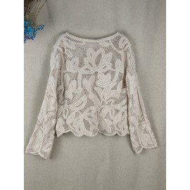 Floral Pattern Lace Shirt, Casual Long Sleeve Scallop Trim Shirt, Women's Clothing