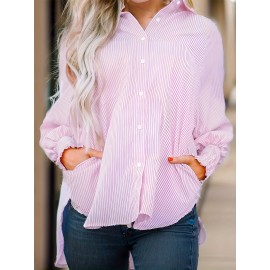 Striped Print Button Up Blouse, Casual Lantern Sleeve Collared Loose Blouse, Women's Clothing