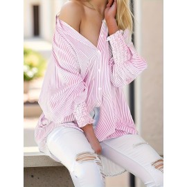 Striped Print Button Up Blouse, Casual Lantern Sleeve Collared Loose Blouse, Women's Clothing