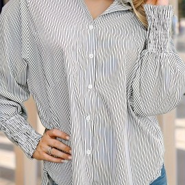 Striped Print Button Up Blouse, Casual Lantern Sleeve Collared Loose Blouse, Women's Clothing