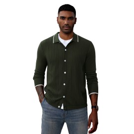 Men's Casual Knitted Cardigan With Long Sleeves And Lapel Collar, Button-up Front Sweater