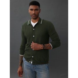 Men's Casual Knitted Cardigan With Long Sleeves And Lapel Collar, Button-up Front Sweater