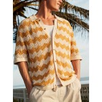 Men's Knitted Wave Pattern Color Block Cardigan, Short Sleeve Button Up Lapel Casual Summer Shirt, Breathable Holiday Hawaii Versatile Outerwear