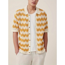 Men's Knitted Wave Pattern Color Block Cardigan, Short Sleeve Button Up Lapel Casual Summer Shirt, Breathable Holiday Hawaii Versatile Outerwear