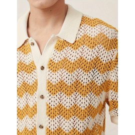 Men's Knitted Wave Pattern Color Block Cardigan, Short Sleeve Button Up Lapel Casual Summer Shirt, Breathable Holiday Hawaii Versatile Outerwear