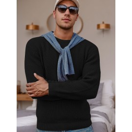 Men's crew-neck waffle texture long-sleeved knit sweater