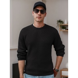 Men's crew-neck waffle texture long-sleeved knit sweater