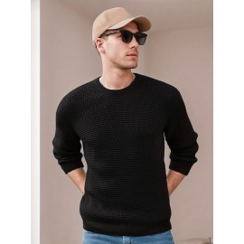 Men's crew-neck waffle texture long-sleeved knit sweater