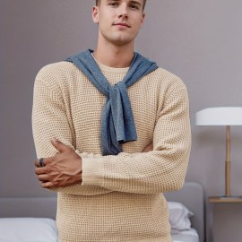 Men's crew-neck waffle texture long-sleeved knit sweater