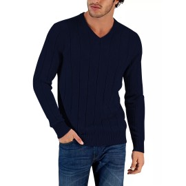 Tooluck Men's V-neck wide-striped pullover sweater