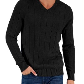 Tooluck Men's V-neck wide-striped pullover sweater