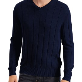 Tooluck Men's V-neck wide-striped pullover sweater