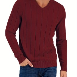 Tooluck Men's V-neck wide-striped pullover sweater