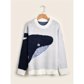 Men's Cartoon Whale Print Loose Fit Warm Sweater - Casual Retro Style for Fall and Winter