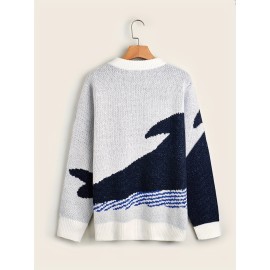 Men's Cartoon Whale Print Loose Fit Warm Sweater - Casual Retro Style for Fall and Winter