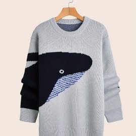 Men's Cartoon Whale Print Loose Fit Warm Sweater - Casual Retro Style for Fall and Winter