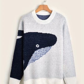 Men's Cartoon Whale Print Loose Fit Warm Sweater - Casual Retro Style for Fall and Winter