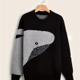 Men's Cartoon Whale Print Loose Fit Warm Sweater - Casual Retro Style for Fall and Winter