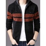 Men's Striped Drawstring Hooded Teddy Lined Full Zip Up Cardigan - Perfect for Fall and Winter Casual Wear