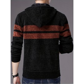 Men's Striped Drawstring Hooded Teddy Lined Full Zip Up Cardigan - Perfect for Fall and Winter Casual Wear